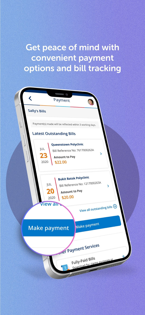 NUHS App mobile interface showing latest outstanding medical bills and a make payment button for convenient health bill management.