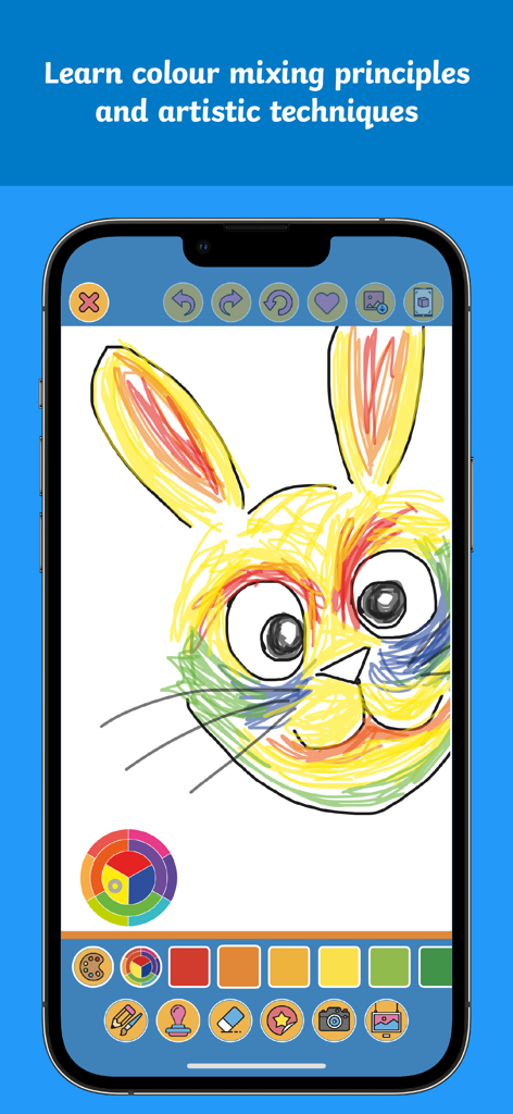 Twinkl ARt Studio - A childs colorful drawing of a rabbit on the Twinkl ARt Studio app interface with art tools and a color wheel