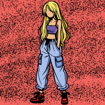 girl in baggy pants crop top and long hair