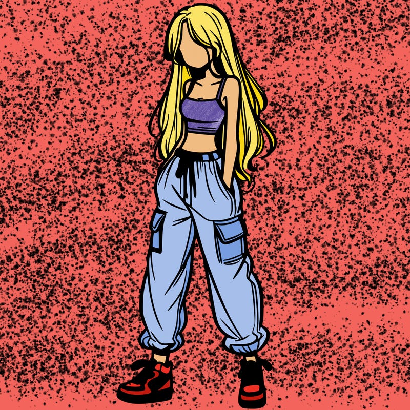 girl in baggy pants crop top and long hair