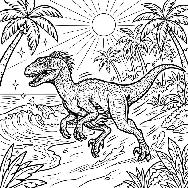 Dive into a prehistoric summer adventure with this thrilling Velociraptor coloring page. Capture the speed and energy of this dinosaur on a vibrant, sunny beach.