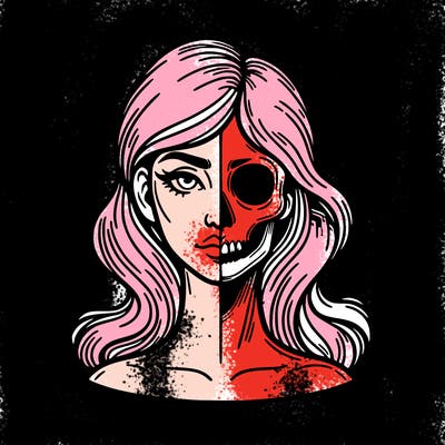 bust of a woman, half face and hair, half skull