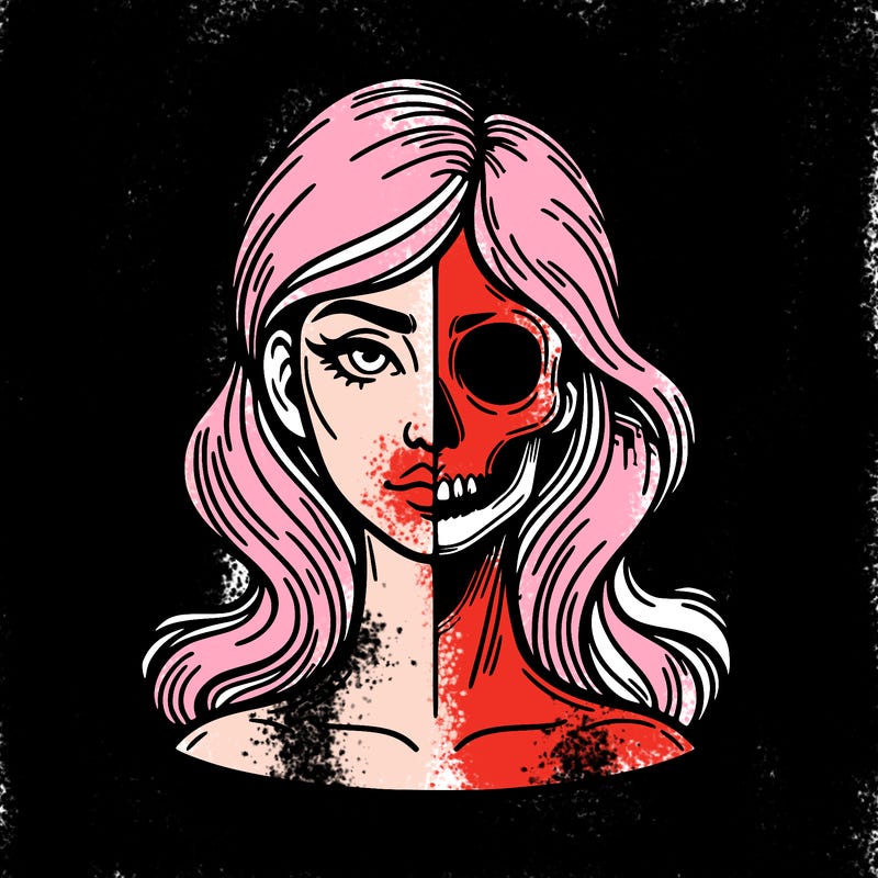 bust of a woman, half face and hair, half skull