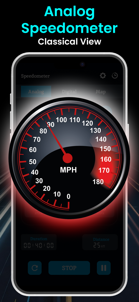 GPS Speedometer Speed Tracker+ - A smartphone screen showing an analog speedometer interface in a classical dial view for tracking speed in MPH.
