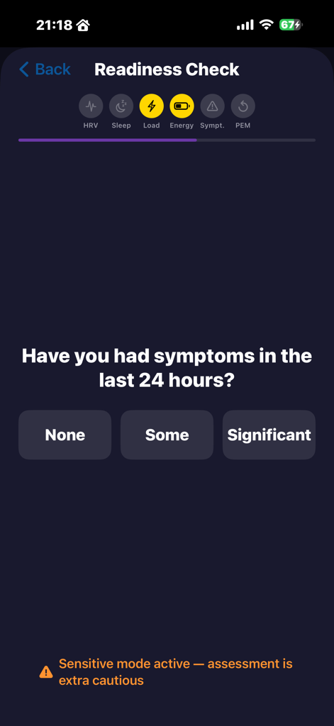 PaceME: Pacing & Energy - PaceME app Readiness Check screen asking the user about symptoms in the last 24 hours with options for None Some and Significant