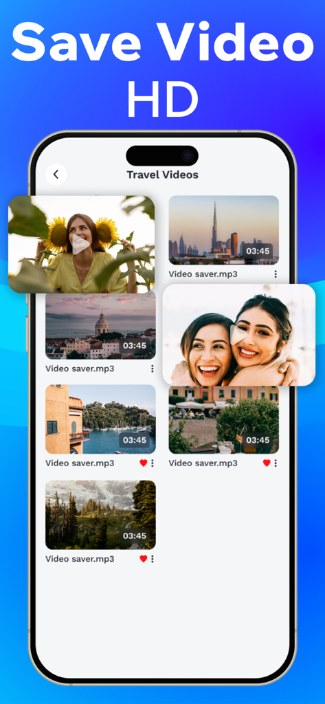 Video Downloader : Download - Smartphone interface showing high definition video downloads organized in a travel collection