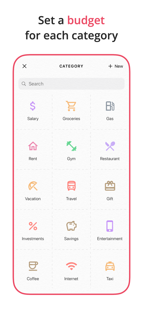 Interface of the Fleur app showing a minimalist grid of budget categories with colorful icons.