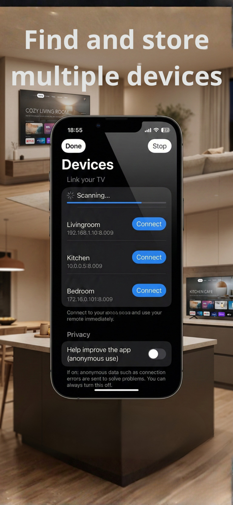 Remote control GTV ATV - Interface do aplicativo Controle remoto GTV ATV mostrando uma lista de smart TVs detectáveis em diferentes cômodos de uma casa