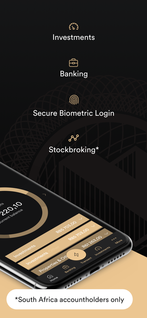 Nedbank Private Wealth App - Nedbank Private Wealth app interface on a smartphone displaying wealth management features including investments banking and secure biometric login