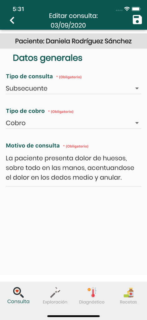 Interfaz de Salutis Medical Software mostrando un formulario de consulta médica con notas médicas.