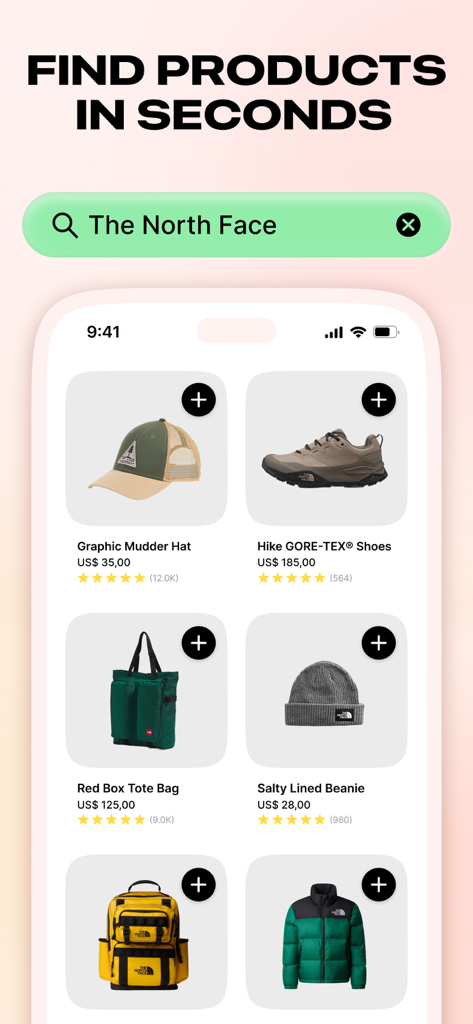 A mobile app interface showing product search results for outdoor apparel with a search bar and add to list buttons.