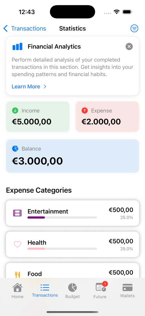 Financial statistics dashboard in the iMoney app showing income, expenses, and spending categories.