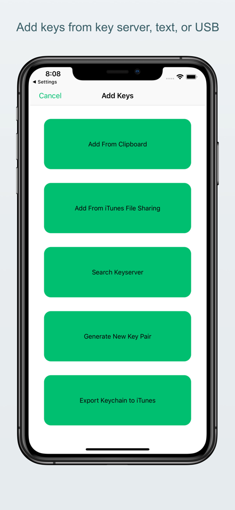 PGP Everywhere - Screen from PGP Everywhere app showing options to add keys from clipboard, iTunes, or keyserver, and generate new key pairs.