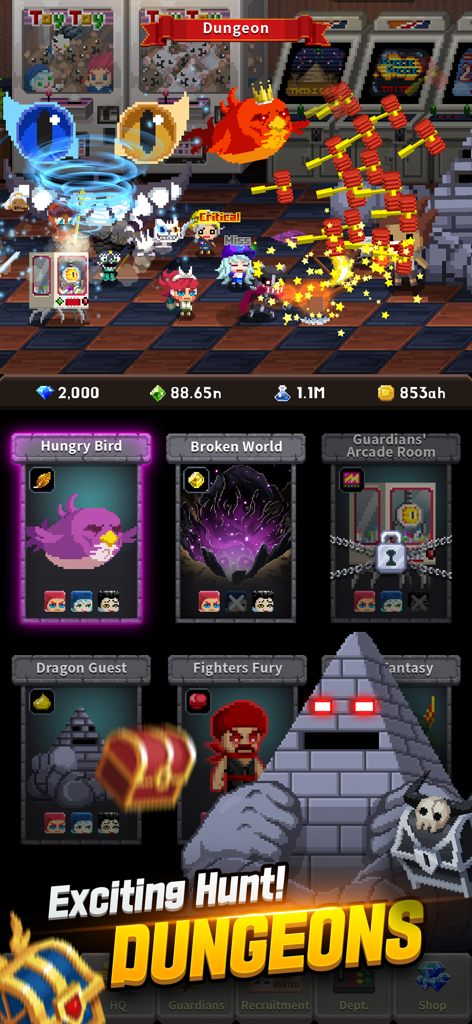 A retro pixel art screen from Videogame Guardians showing various dungeon levels and a large stone boss.