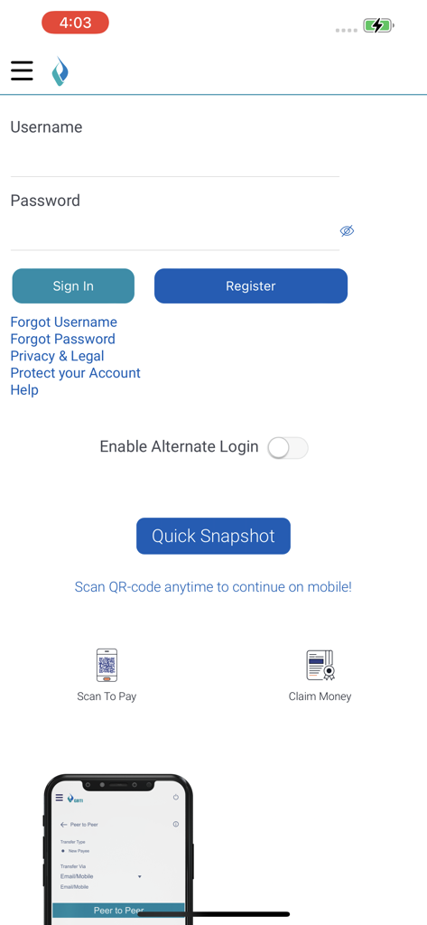 Login interface of the GBTI GO Banking mobile app showing username and password fields