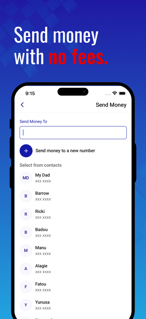 APS Wallet: Customer - APS Wallet mobile app screen showing how to send money to contacts with a no fees header