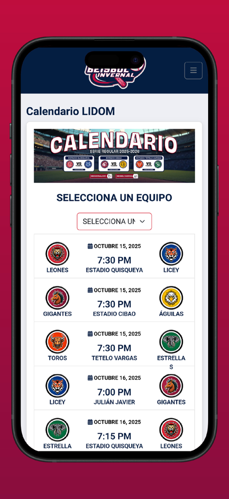 Beisbol Invernal - LIDOM baseball game schedule showing team matchups and times in the Beisbol Invernal app