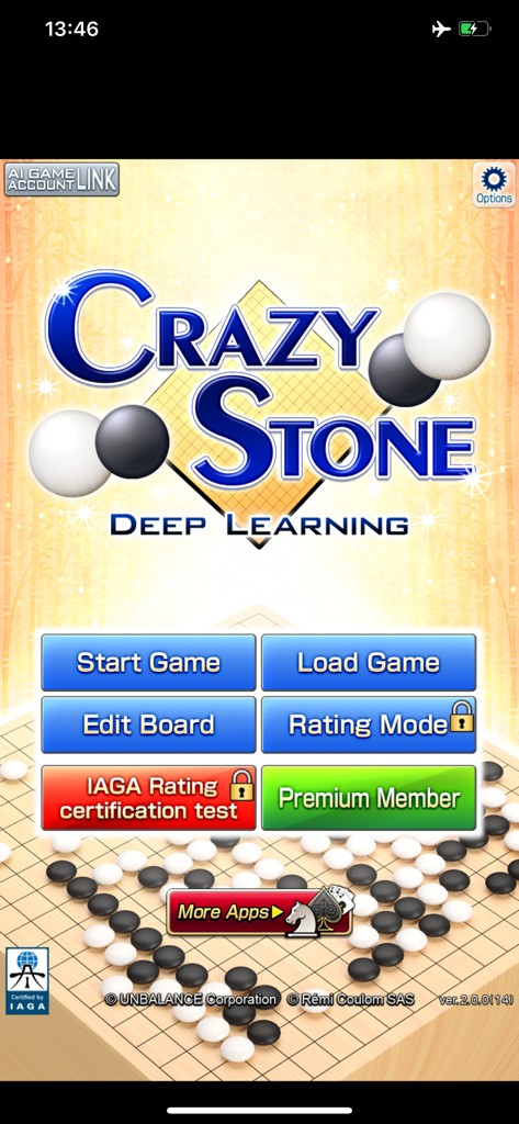 CrazyStone DeepLearning - Hauptmenü der CrazyStone DeepLearning Go-App mit Spielmodi und Optionen für die Bewertungszertifizierung