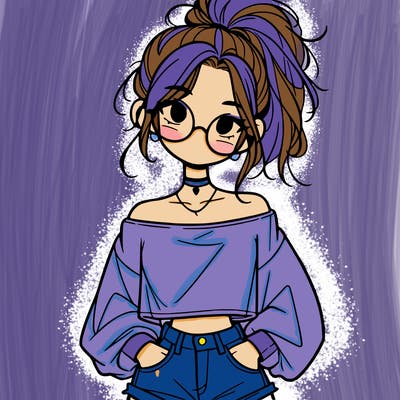 girl with a messy ponytail glasses a baggy crop top and jean shorts