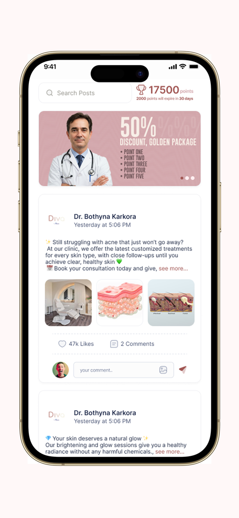 MED X For Diva Clinic - Diva Clinicアプリのホーム画面、スキンケアパッケージのプロモーションバナーとニキビ治療に関する医療専門家の投稿が表示されています。