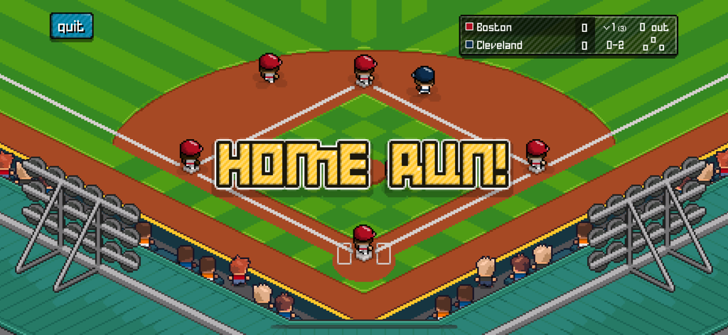 Pixel art baseball game screen featuring a home run notification
