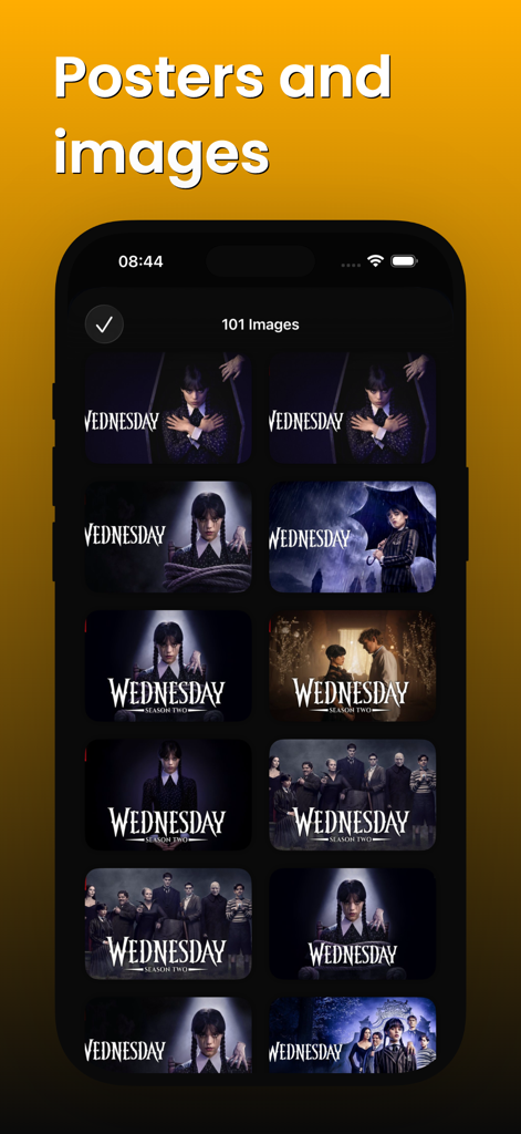 Sofa Time: TV Shows & Movies - Una cuadrícula de pósteres e imágenes de la serie de TV Wednesday en la interfaz de la aplicación Sofa Time.