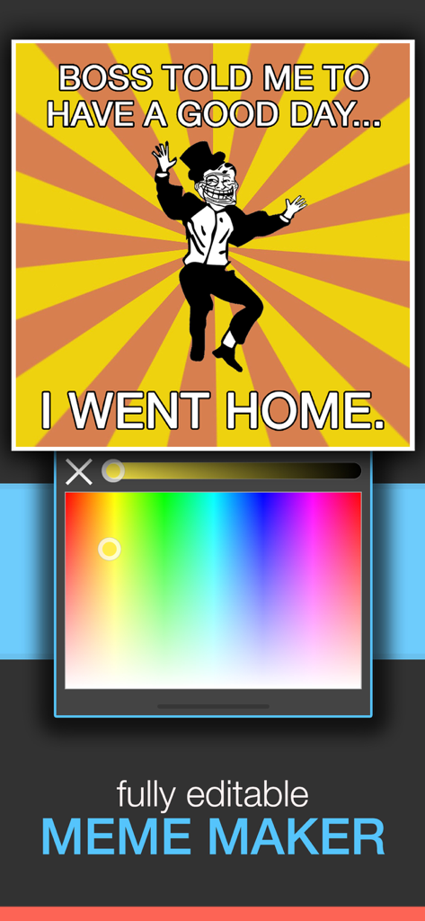 Meme Creater - Meme Generator - Interfaz del generador de memes con un meme personalizado de troll face y una herramienta de selector de color integrada