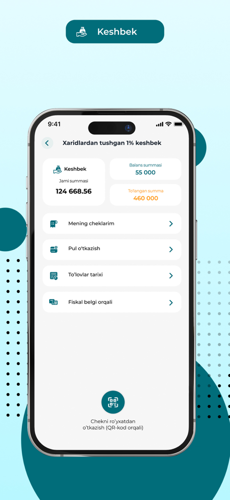 Soliq app screen displaying 1 percent cashback balance and receipt management options.