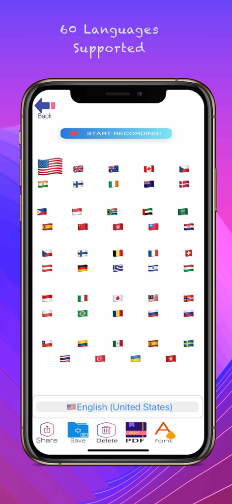 Interface of the Speech to Text app displaying flags for 60 supported languages for voice recognition.