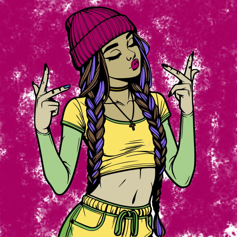 realistic teenage girl with braids and a beanie and crop top doing 🫶🏼