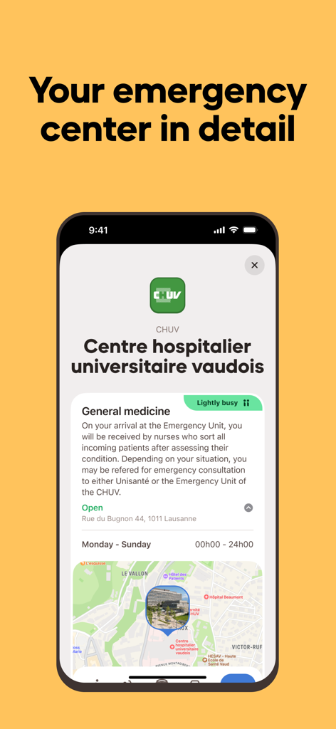 Medigo Emergencies - Medigo app screenshot showing detailed information about an emergency center including wait time status and location map