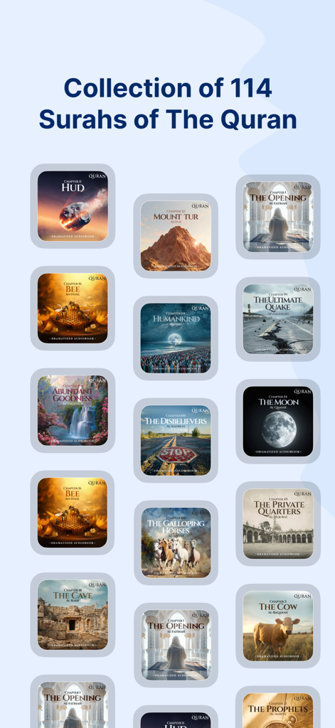 A visual collection of 114 Surahs from The Clear Quran Audiobook featuring cinematic cover art.