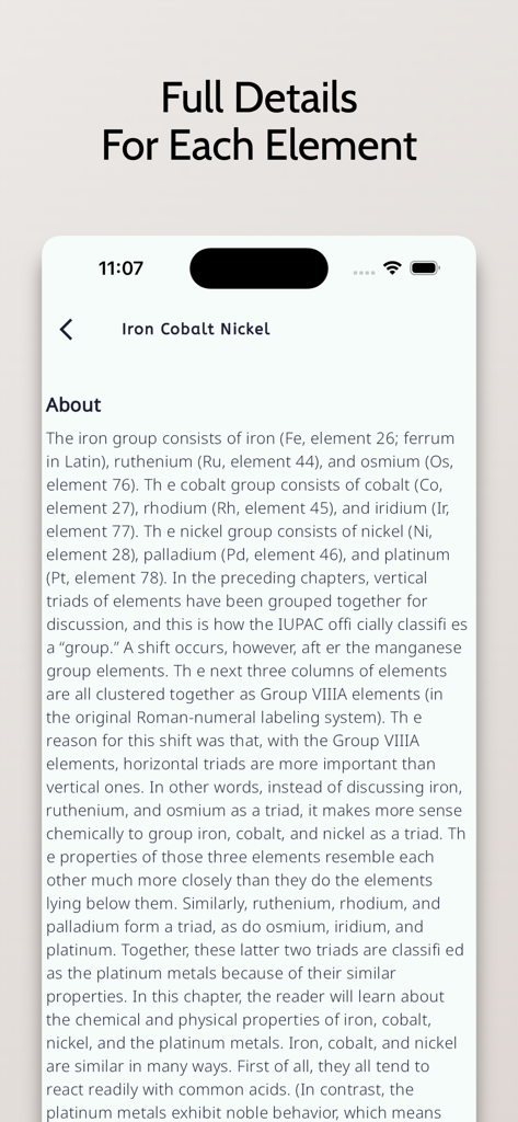 Periodic Table: 2025 Chemistry - Mobile screen showing detailed scientific information about the iron cobalt and nickel element groups in a chemistry app
