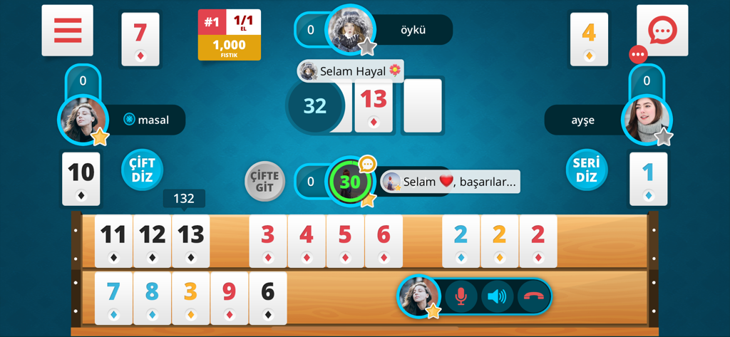 Mobile gameplay of Okey and Banko showing organized tile racks and social interaction features with other players.