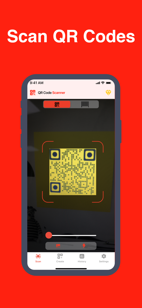 A mobile app interface displaying the scan feature with a yellow QR code in the viewfinder on a red background.