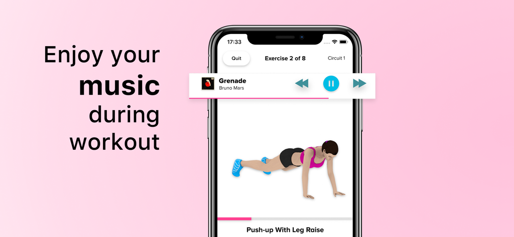 Women Workout ™ HIIT Exercise - Pantalla del smartphone de la aplicación Women Workout mostrando controles de reproducción de música durante una sesión de ejercicio HIIT animada en 3D.