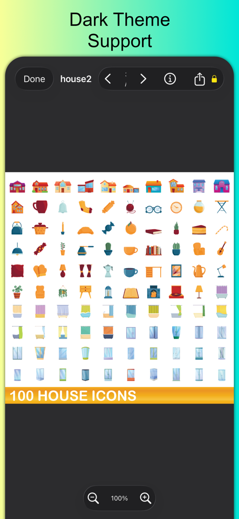 VectorView - File Organizer - VectorView app interface in dark mode displaying a vector file with 100 house icons