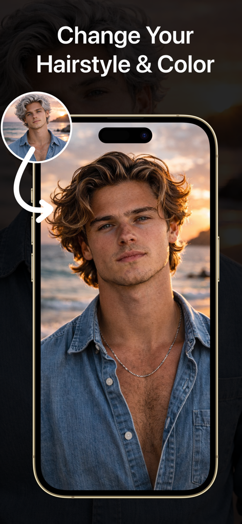 AI Hairstyle - Hair Color - AI hairstyle app demonstrating a men's hair color and style transformation on a smartphone screen