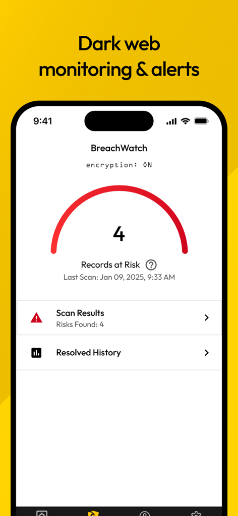 Keeper Password Manager - Schermata BreachWatch dell'app Keeper che mostra il monitoraggio del dark web con quattro rischi per la sicurezza riscontrati.