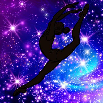 gymnast doing a leap in a leotard with a bent back leg