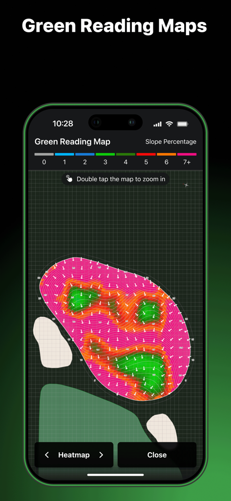 SwingU: Golf GPS Range Finder - Aplicación SwingU Golf que muestra un mapa de lectura de green con un mapa de porcentaje de pendiente en un smartphone