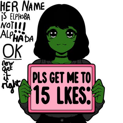 realistic girl holding up a sign that says “pls get me to 15 likes!”