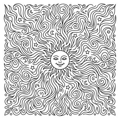Dive into the cosmic wonder with this dynamic Solar Wind Mandala coloring page, designed especially for kids. Featuring a cheerful sun surrounded by energetic swirling patterns, stars, and moons, it's perfect for imaginative young artists.