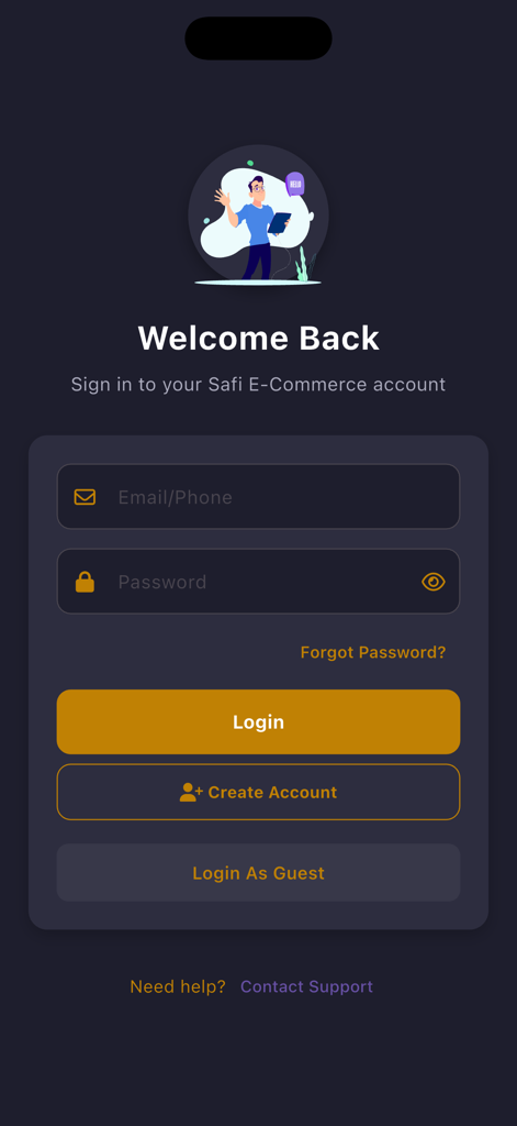 MarkiTo - Welcome back login screen for the MarkiTo shopping app featuring email and password input fields and a guest login option