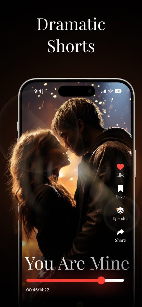 Drama Prime: Short Movies & TV - Um smartphone exibindo um filme vertical romântico intitulado You Are Mine no aplicativo Drama Prime.