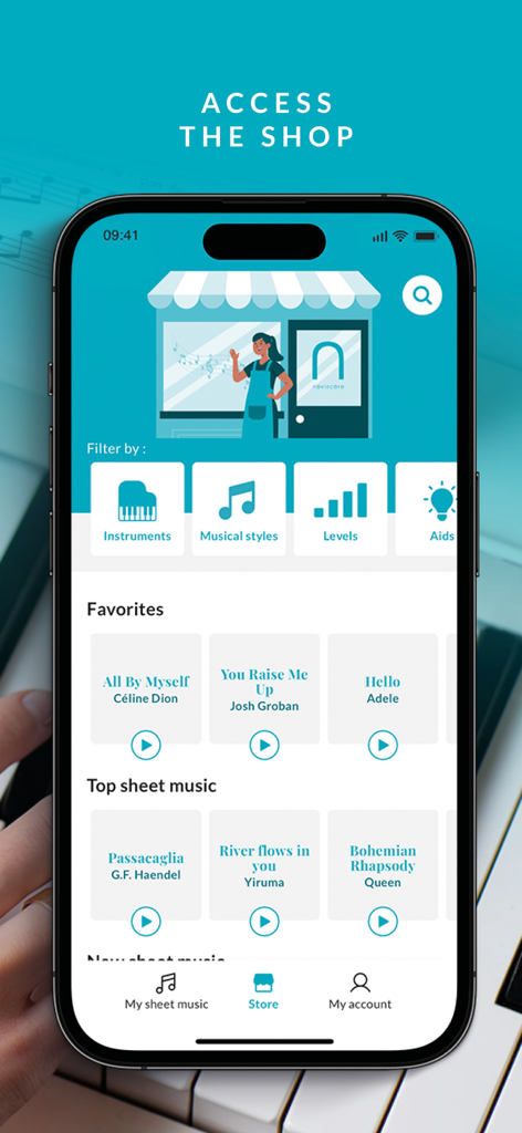 Noviscore - Noviscore app store interface showing digital sheet music favorites and categories for piano players