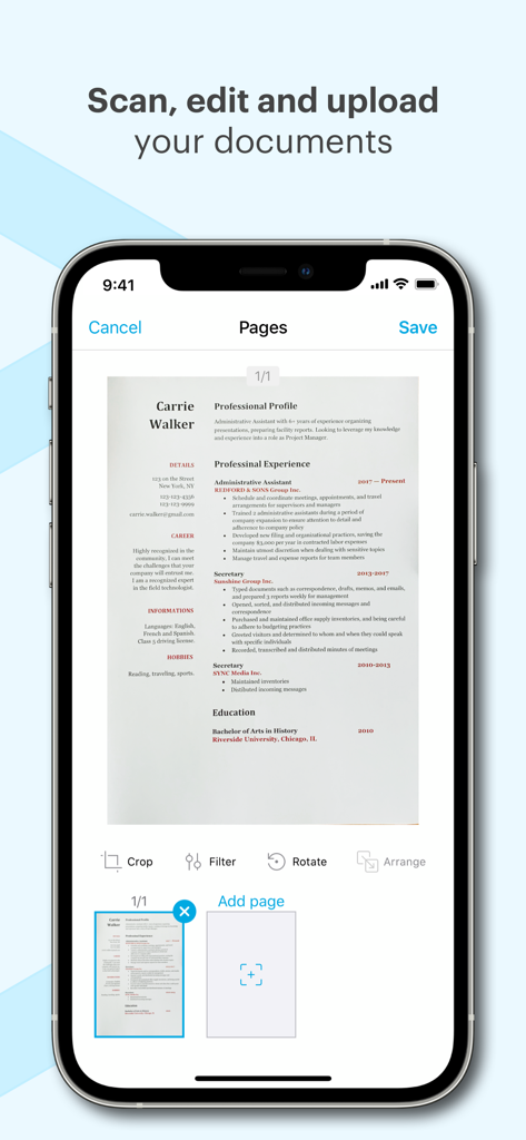 Tresorit - Um smartphone mostrando a interface do aplicativo Tresorit para digitalizar e editar documentos com visualização de perfil profissional e ferramentas de edição.