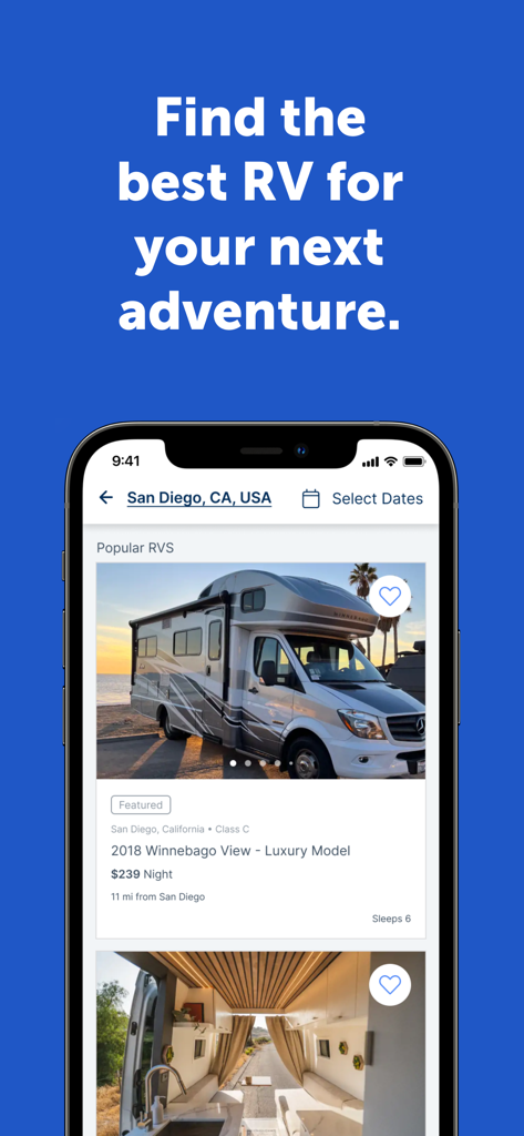 RVezy - RV & Trailer Rental - RVezy mobile app showing RV rental listings in San Diego California