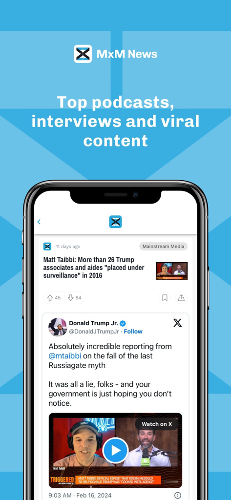 MxM News - 팟캐스트와 바이럴 소셜 미디어 게시물이 포함된 뉴스 피드를 보여주는 MxM 뉴스 앱 스크린샷