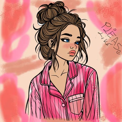 realistic woman with pajamas on and a messy bun